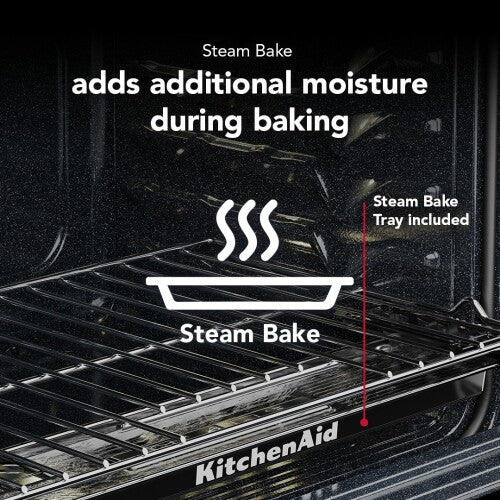Interior view of a KitchenAid electric range oven showing the steam bake tray on a rack, highlighting moisture addition during baking, part of Ranges, Electric Ranges, Kitchen & Kitchenware, and Appliances collections.