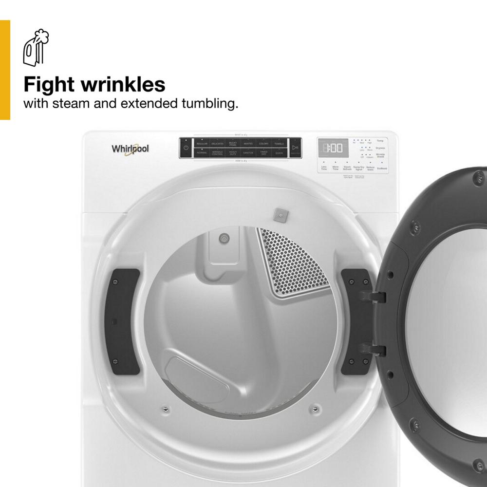 White front load gas dryer with open door showing stainless steel drum and digital control panel in Dryers collection