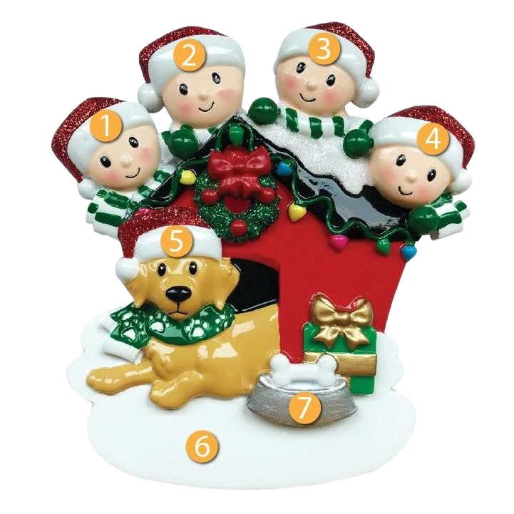 Personalized family of four with dog ornament featuring festive hats, wreath, gift, and dog bowl for Christmas decor