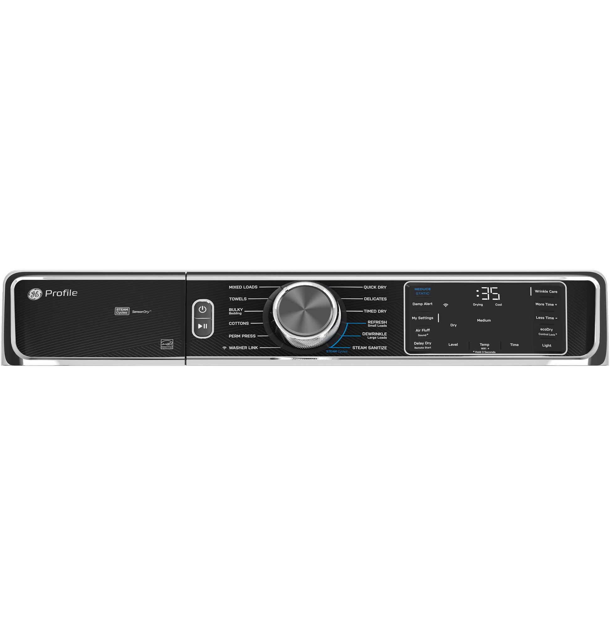 Black and silver control panel of smart electric dryer with dial and digital display from Dryers and Appliances collections