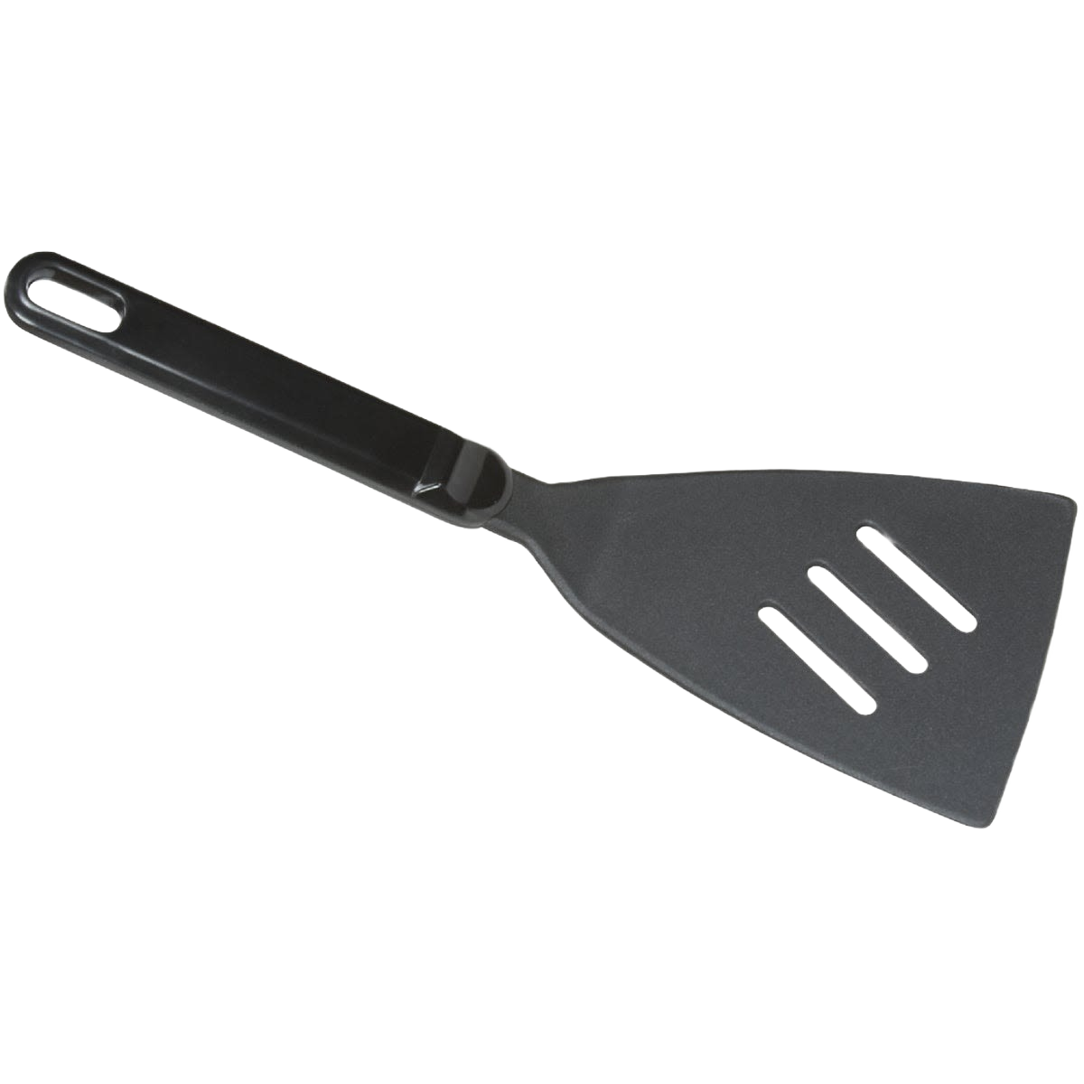 Black nylon turner with slotted head and ergonomic handle, ideal for nonstick cookware in kitchen utensils collection under $50