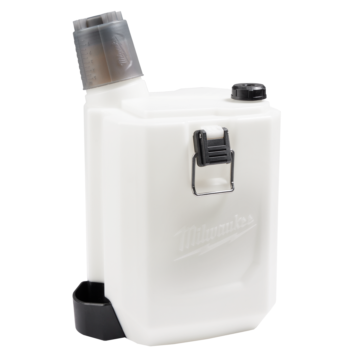 White handheld 2-gallon sprayer tank with black spout cap and measurement cup for tools and home improvement tasks