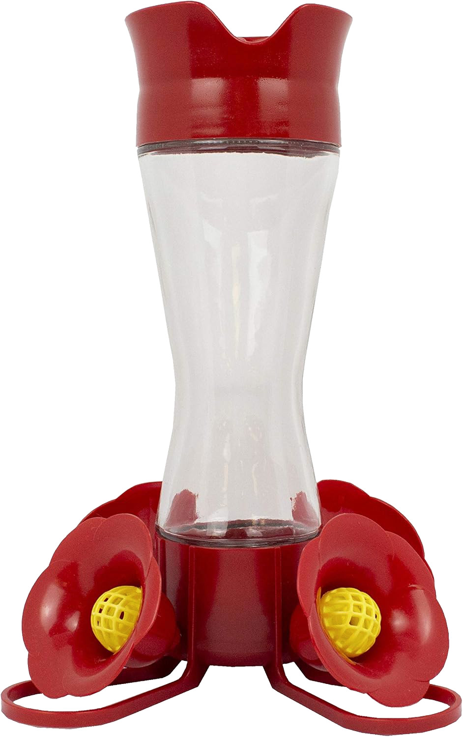Glass hummingbird feeder with red flower-shaped feeding ports and yellow nectar guards from bird feeders collection