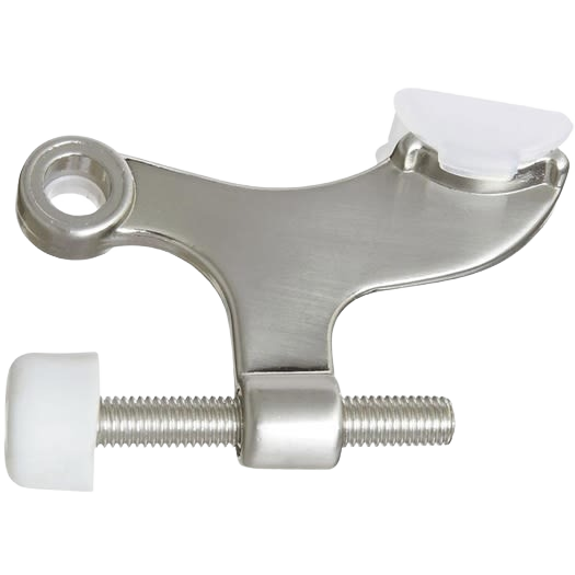 Satin nickel hinge pin door stop with plastic caps and adjustable screw for door accessories and home improvement projects