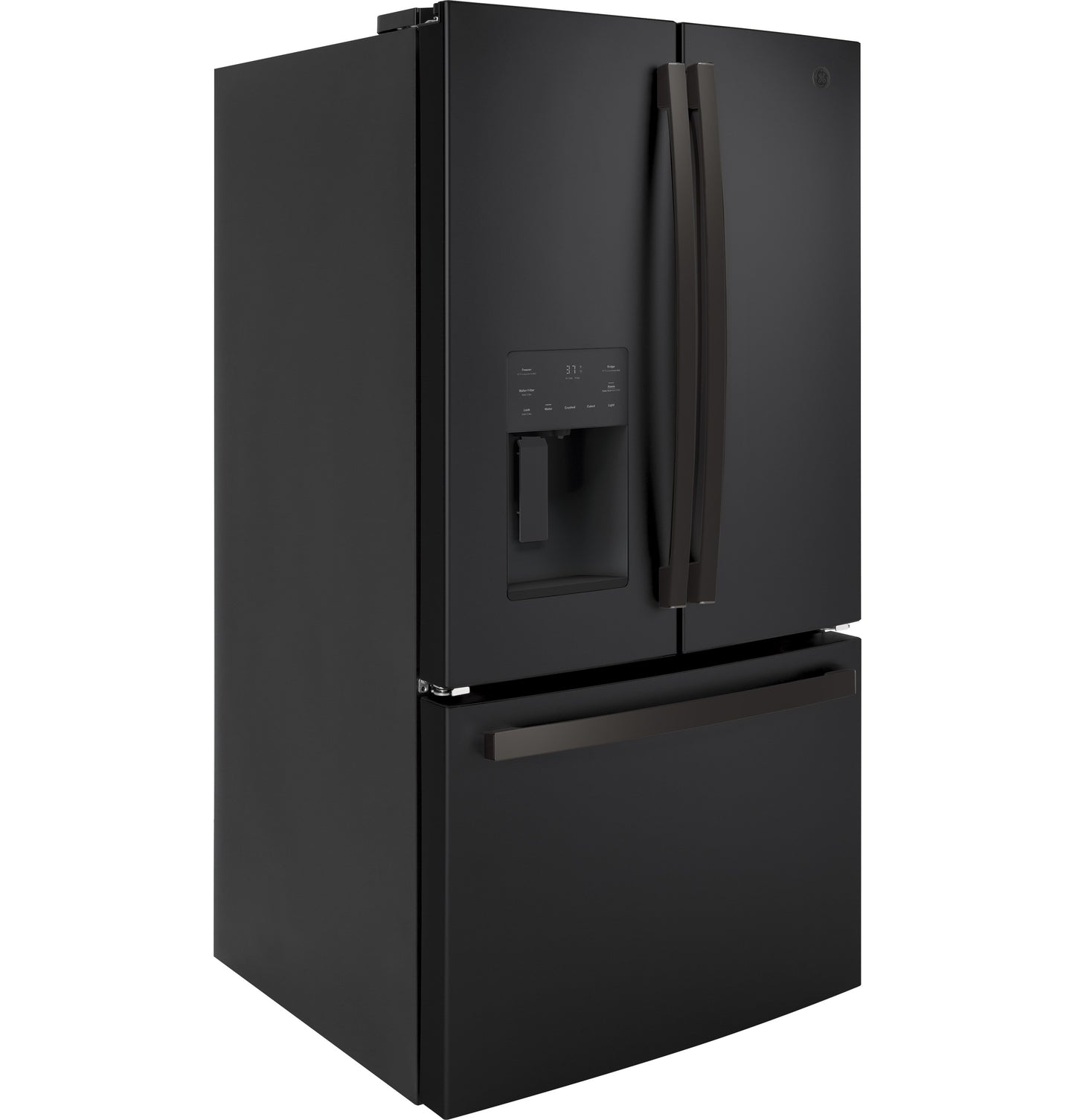 Matte black French door refrigerator with bottom freezer and external water dispenser in modern appliance design