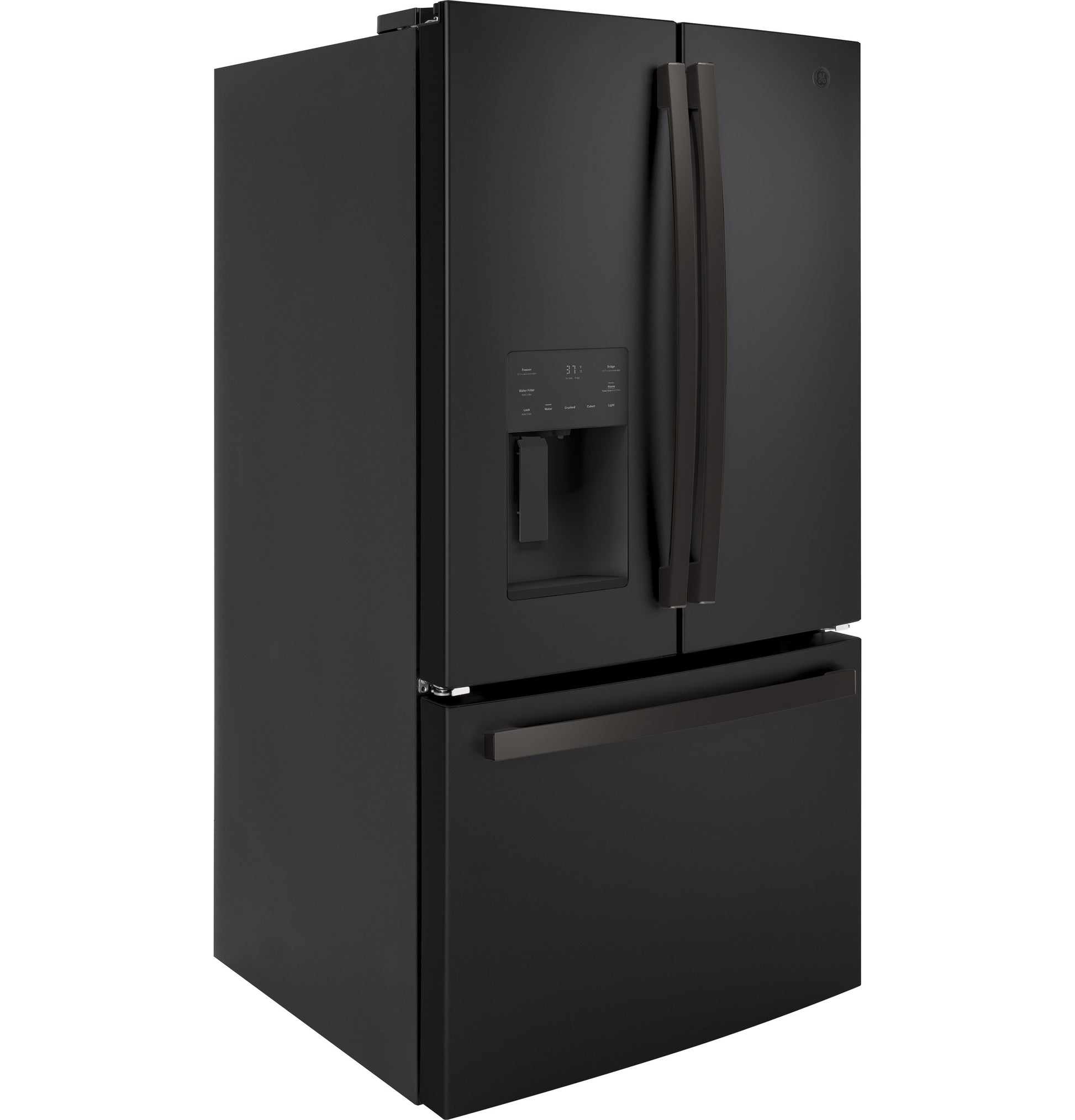 Matte black French door refrigerator with bottom freezer and external water dispenser in modern appliance design