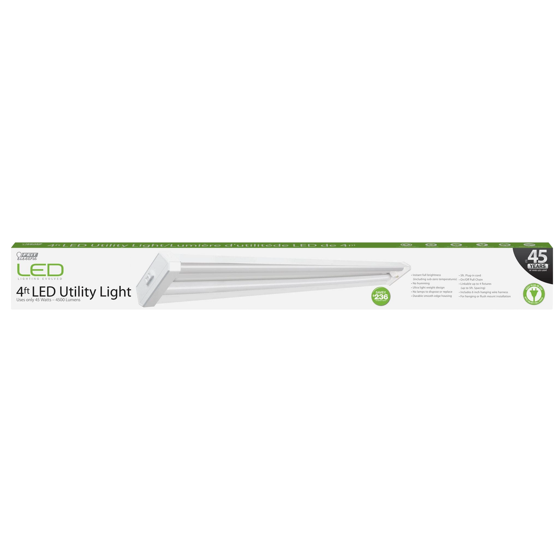 4 ft LED utility light fixture in white with energy-saving features for use in lighting and electrical projects