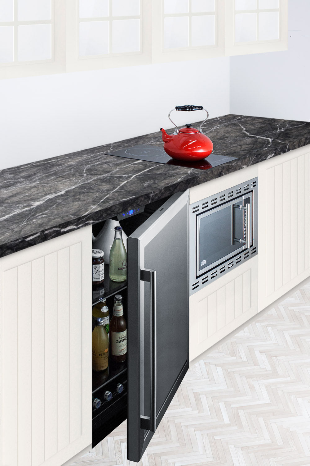 24-inch built-in commercial beverage center with glass door, stainless steel frame, and adjustable shelving in kitchen appliances collection