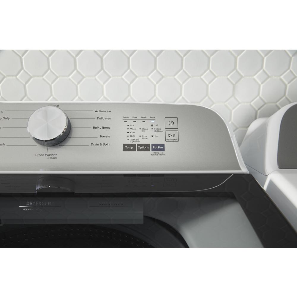 Close-up of silver control panel on Pet Pro top load electric dryer with cycle options and start button in laundry room