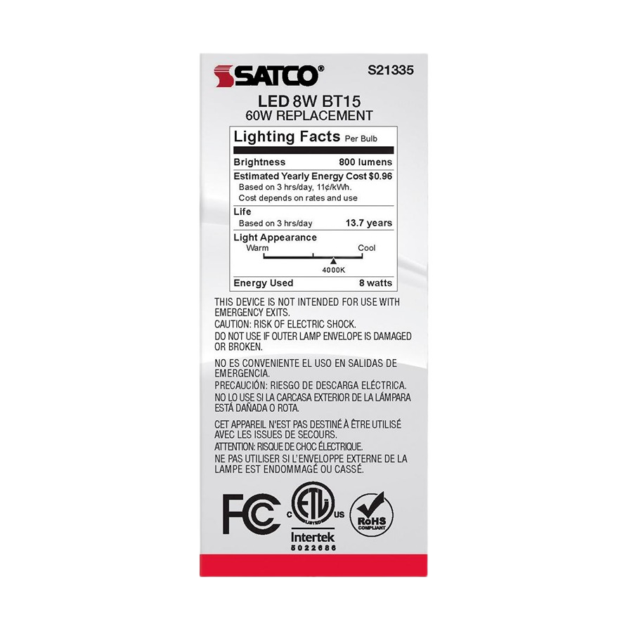 Packaging box for an 8 watt LED light bulb showing energy use, brightness, lifespan, and safety warnings for home lighting.