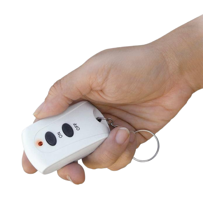 Hand holding a compact white indoor wireless remote control with on and off buttons and keychain ring