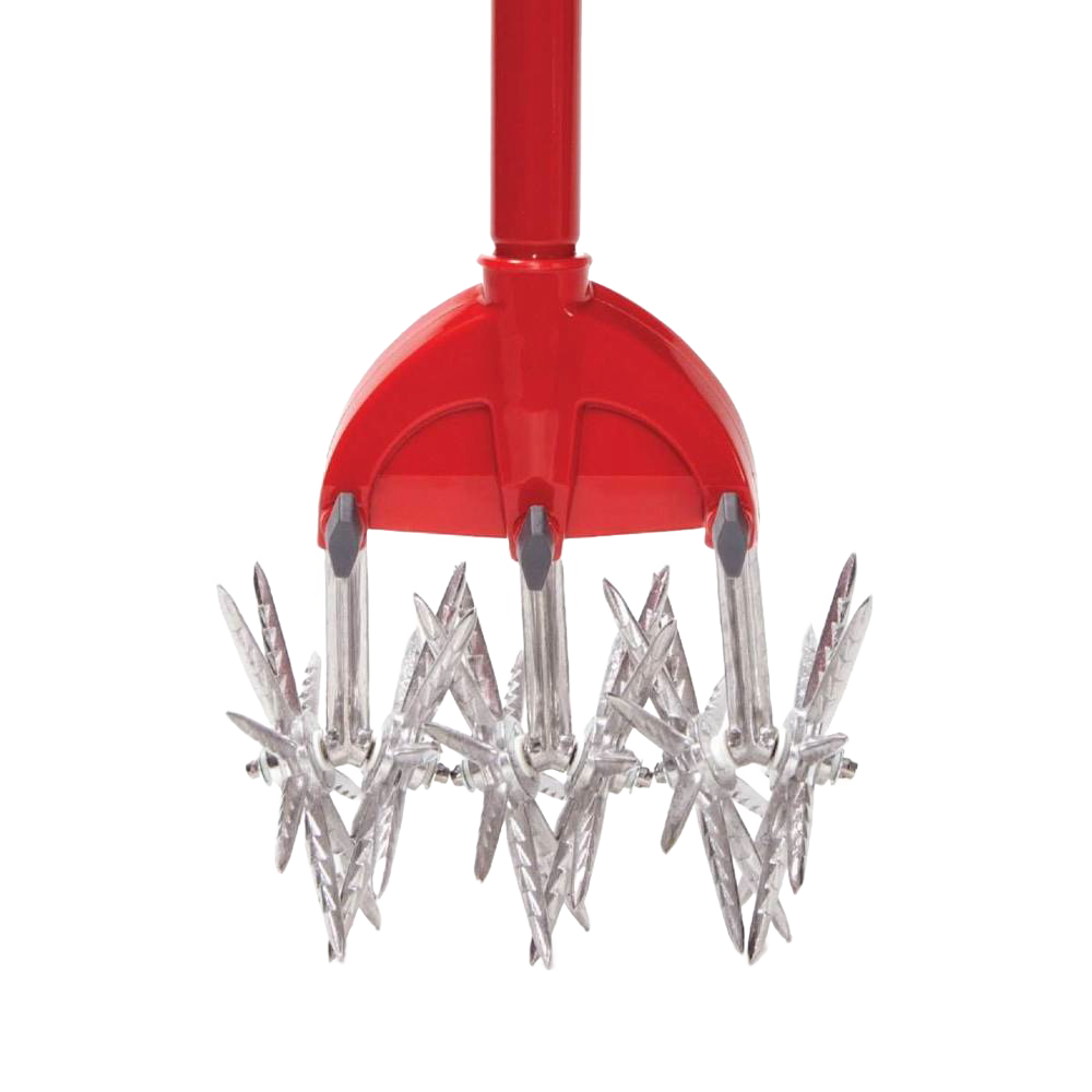 Garden tiller with steel star-shaped blades and red handle for gardening and outdoor hand tool use