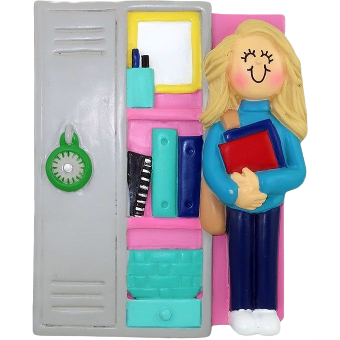 Personalized ornament featuring blonde student holding books beside a gray and pink school locker holiday decor under 50 dollars