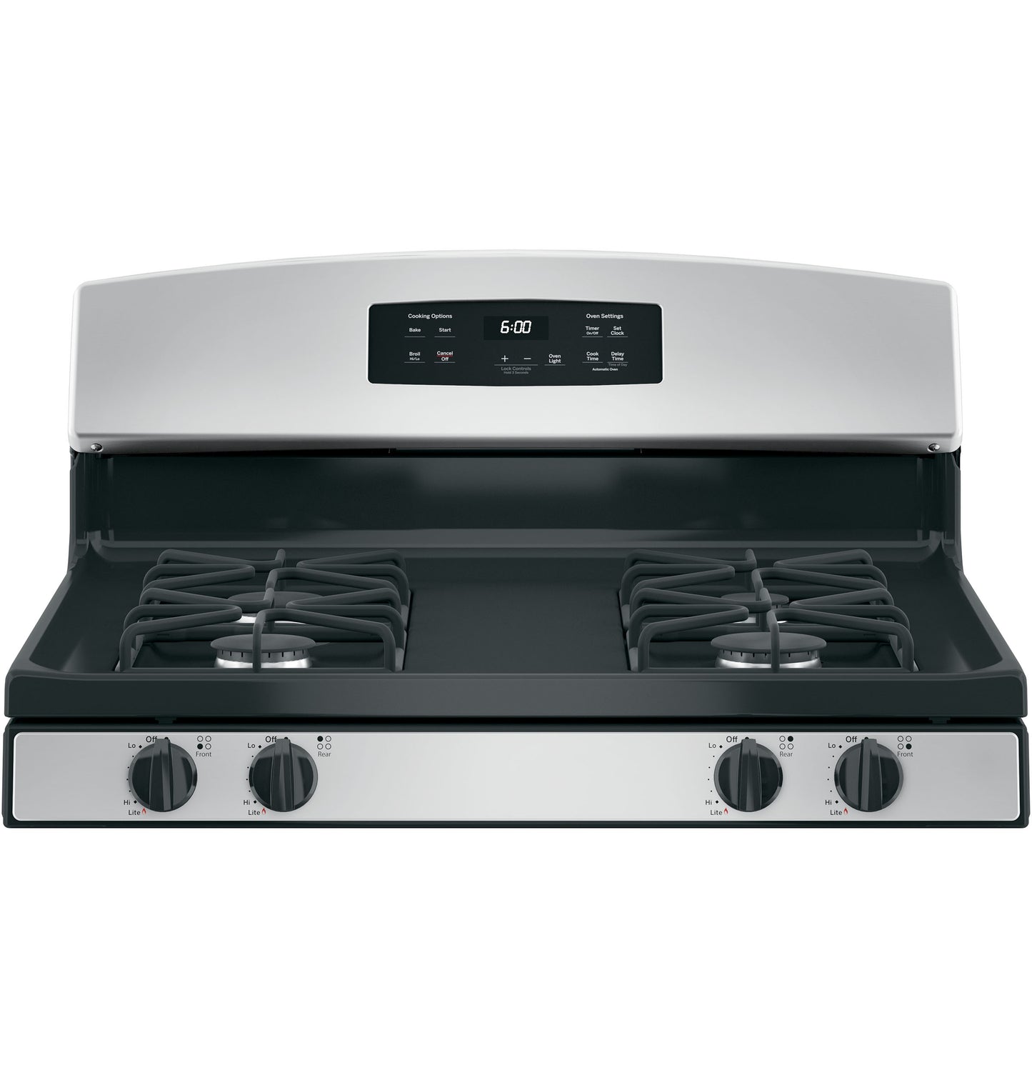 Front view of stainless steel 30-inch free-standing gas range with four burners and electronic control panel in kitchen appliances collection
