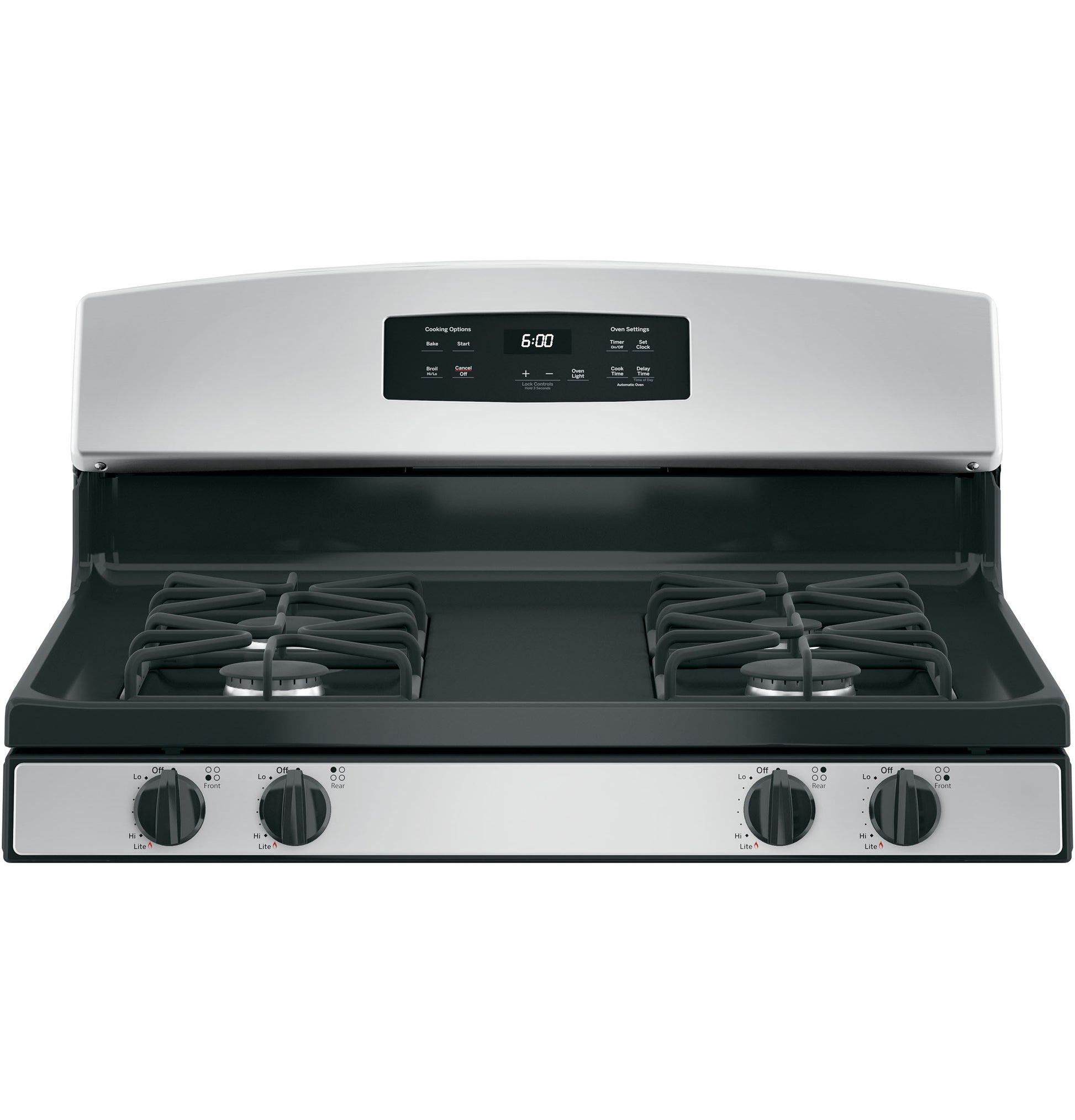 Front view of stainless steel 30-inch free-standing gas range with four burners and electronic control panel in kitchen appliances collection