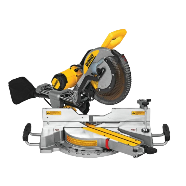 Yellow and metal sliding compound miter saw with double-bevel feature for precision cutting in tools and home improvement