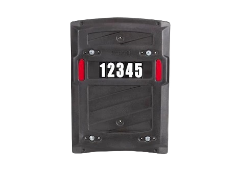 Black single panel mailbox shield with white reflective numbers and mounting hardware for home improvement use