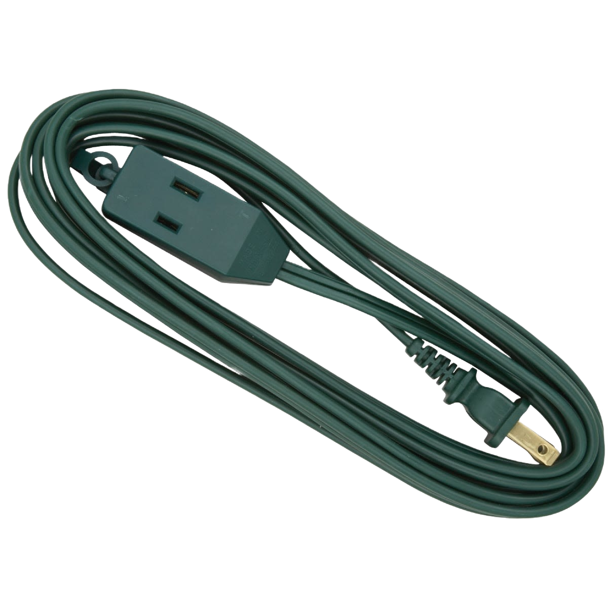 Green 12-foot extension cord with grounded plug and female cube tap for home improvement use