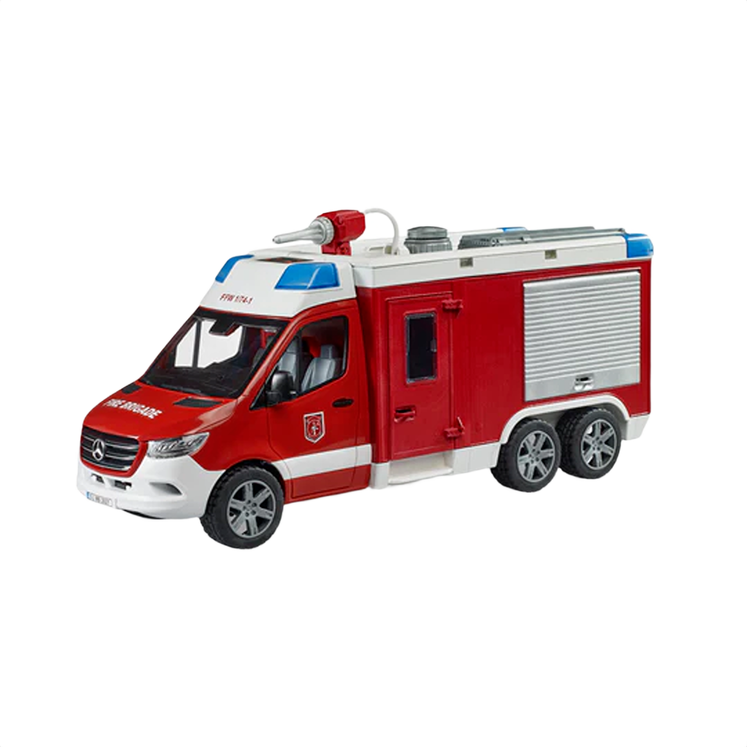 Red and white Bruder MB Sprinter fire engine toy with detailed cab, wheels, and side compartment features