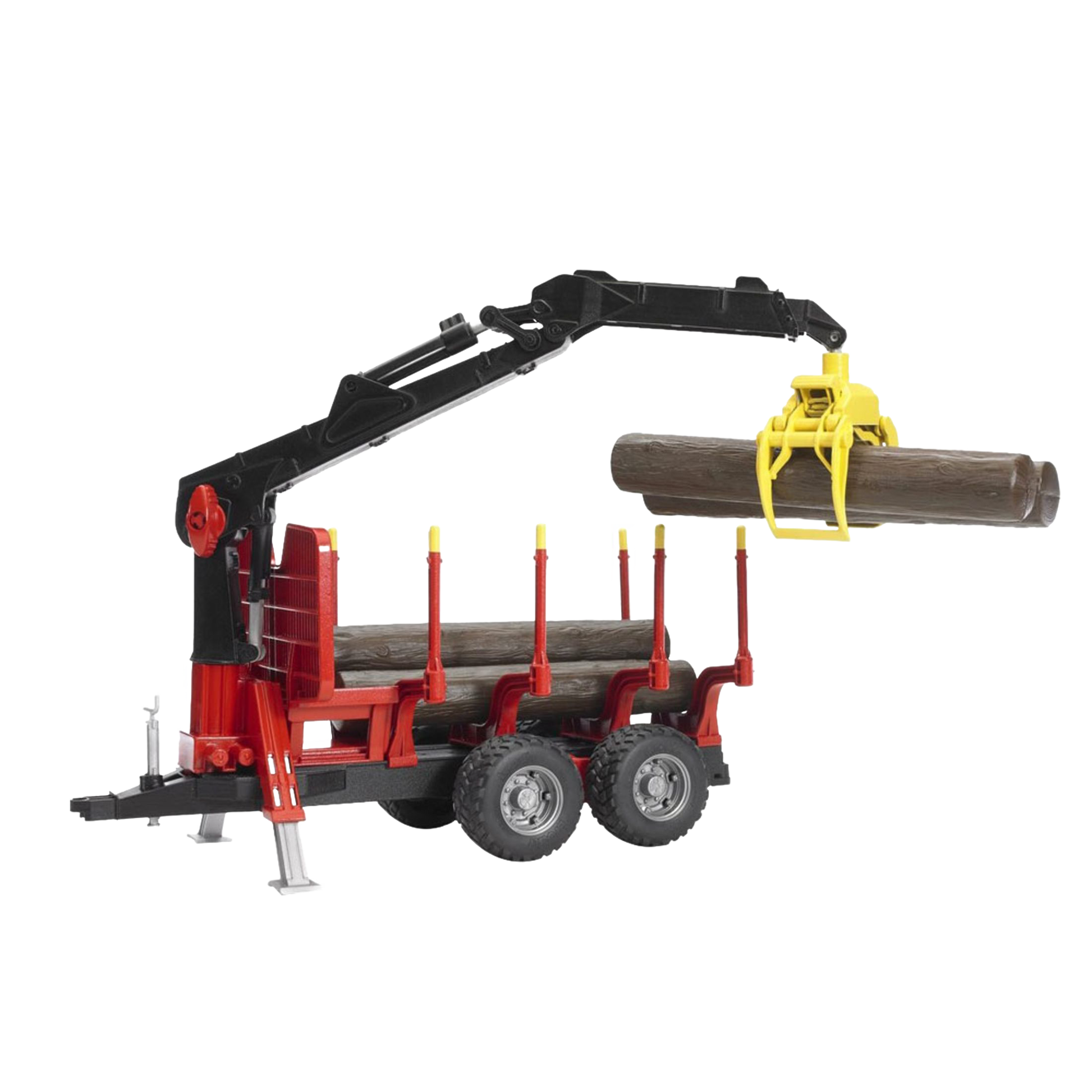 Red forestry trailer toy with crane and grapple lifting log from Bruder Toys in Vehicles & Remote Controlled Toys collection