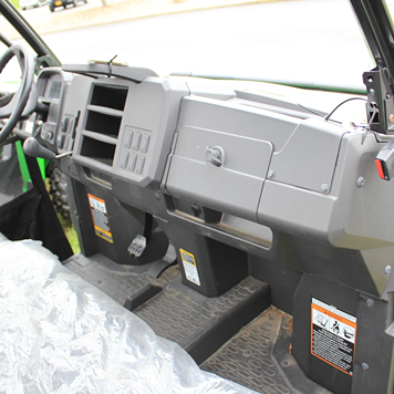 Interior dashboard and floor area of a full-size utility vehicle designed for tools and home improvement use