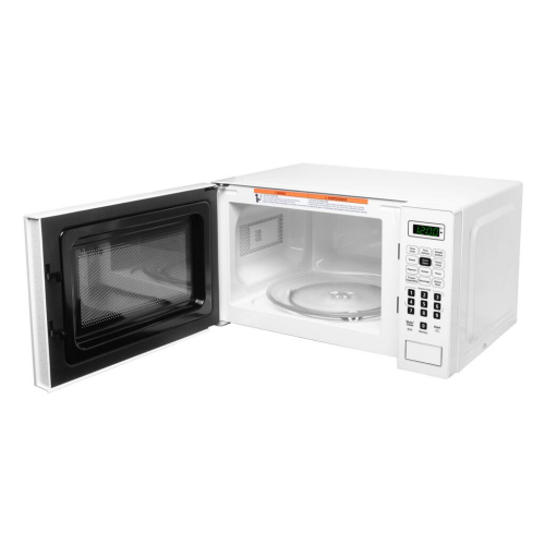White compact countertop microwave with open door, digital keypad, and glass turntable inside for kitchen use