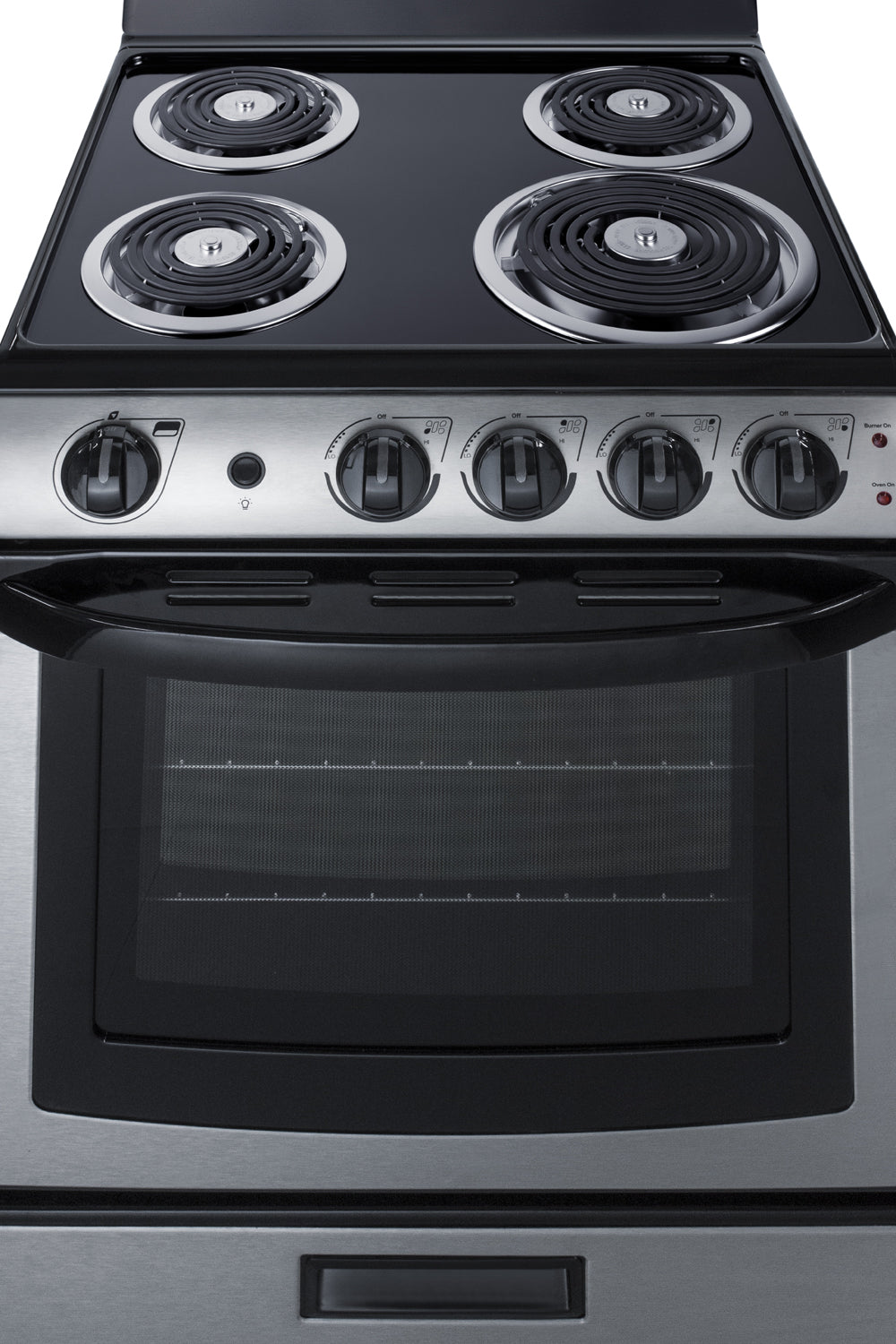 24" wide electric coil range in stainless steel with four burners and control knobs above oven window in kitchen appliance setting