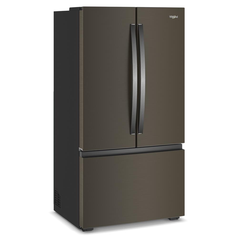 36-inch wide dark stainless steel 3-door French door refrigerator with bottom freezer in kitchen appliance collections