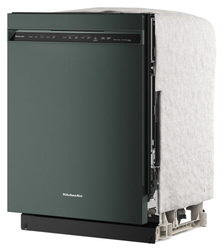 Black KitchenAid dishwasher with covered sides and top, control panel on front, shown partially assembled in appliance setting