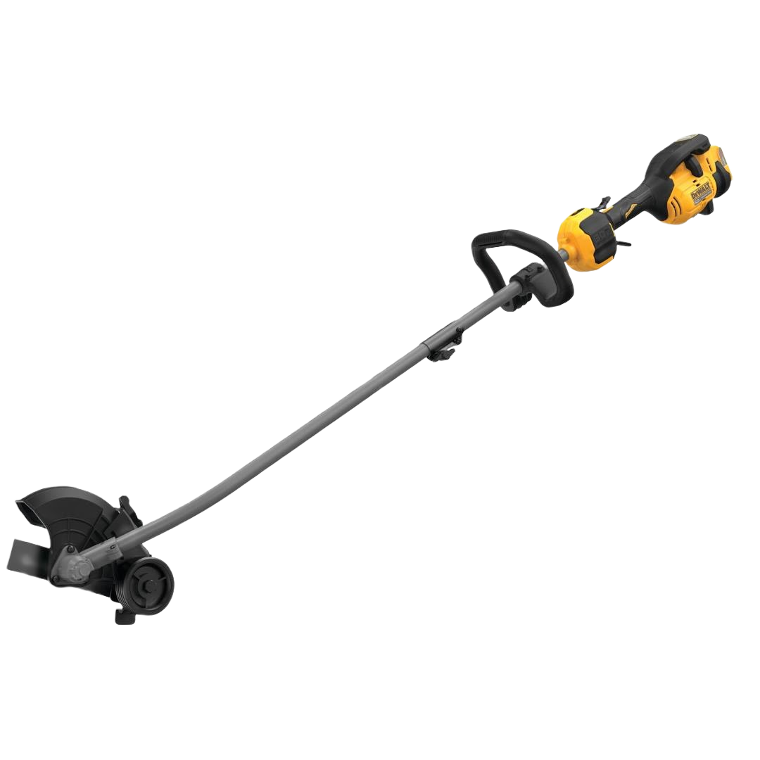 Cordless yellow and black outdoor edger with curved shaft and ergonomic handle for lawn and garden maintenance tools