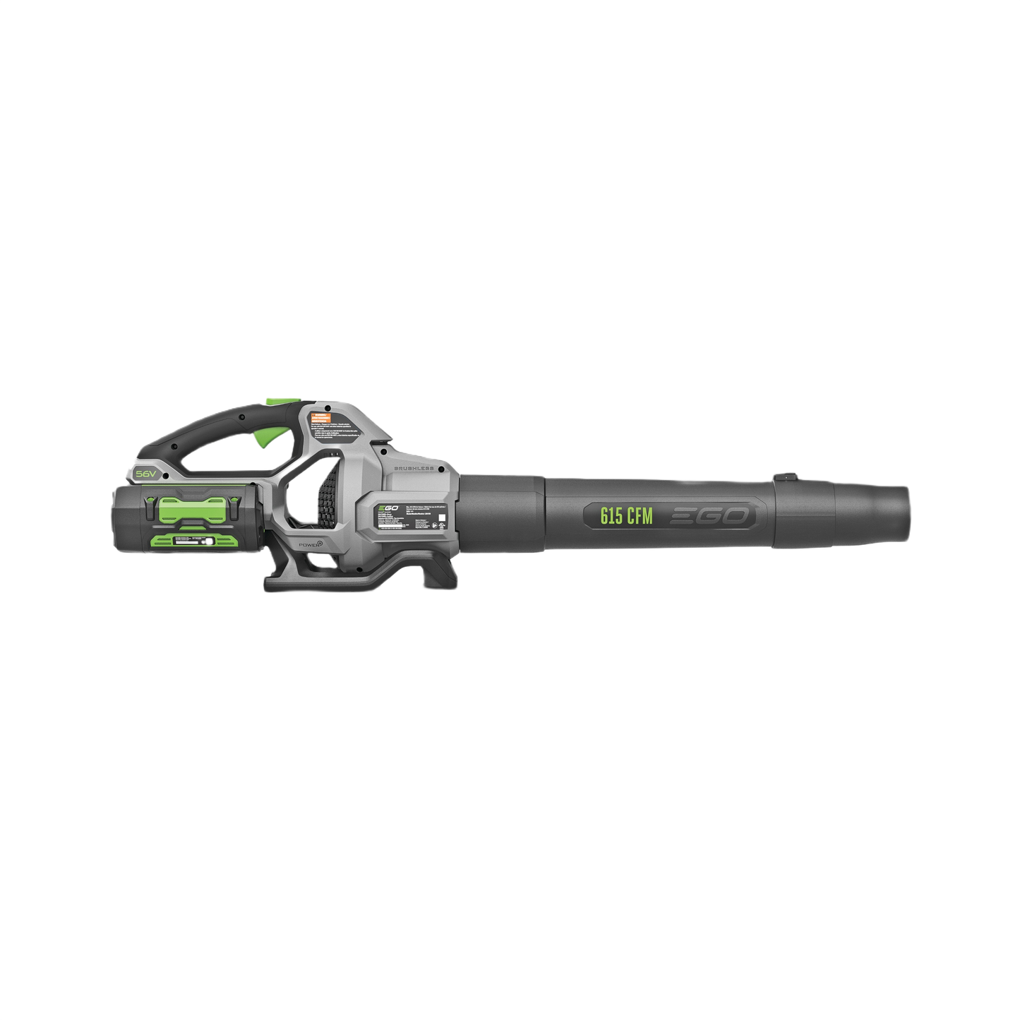 Cordless garden blower with 615 CFM airflow, fitted with battery pack and charger for outdoor home improvement tasks