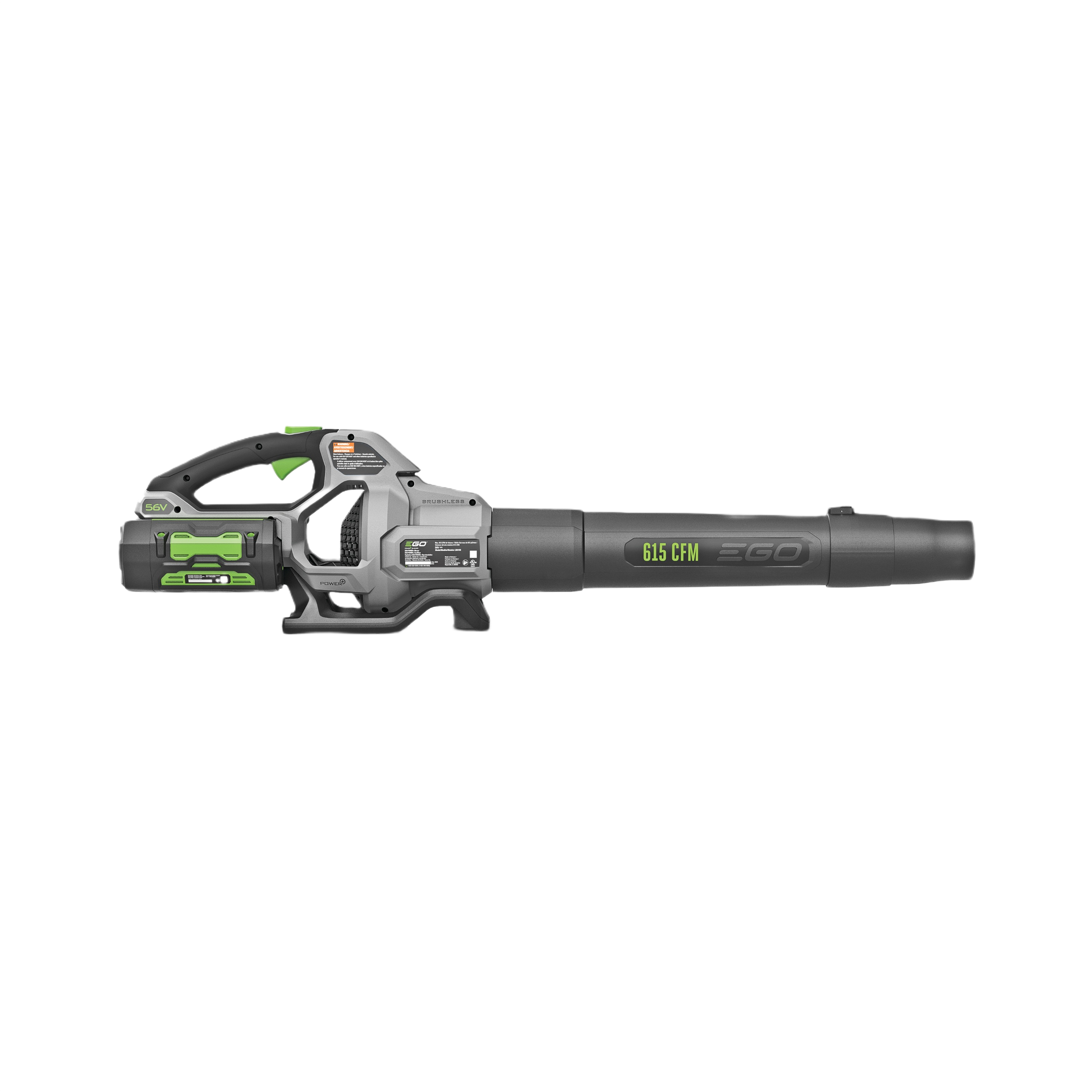 Cordless garden blower with 615 CFM airflow, fitted with battery pack and charger for outdoor home improvement tasks