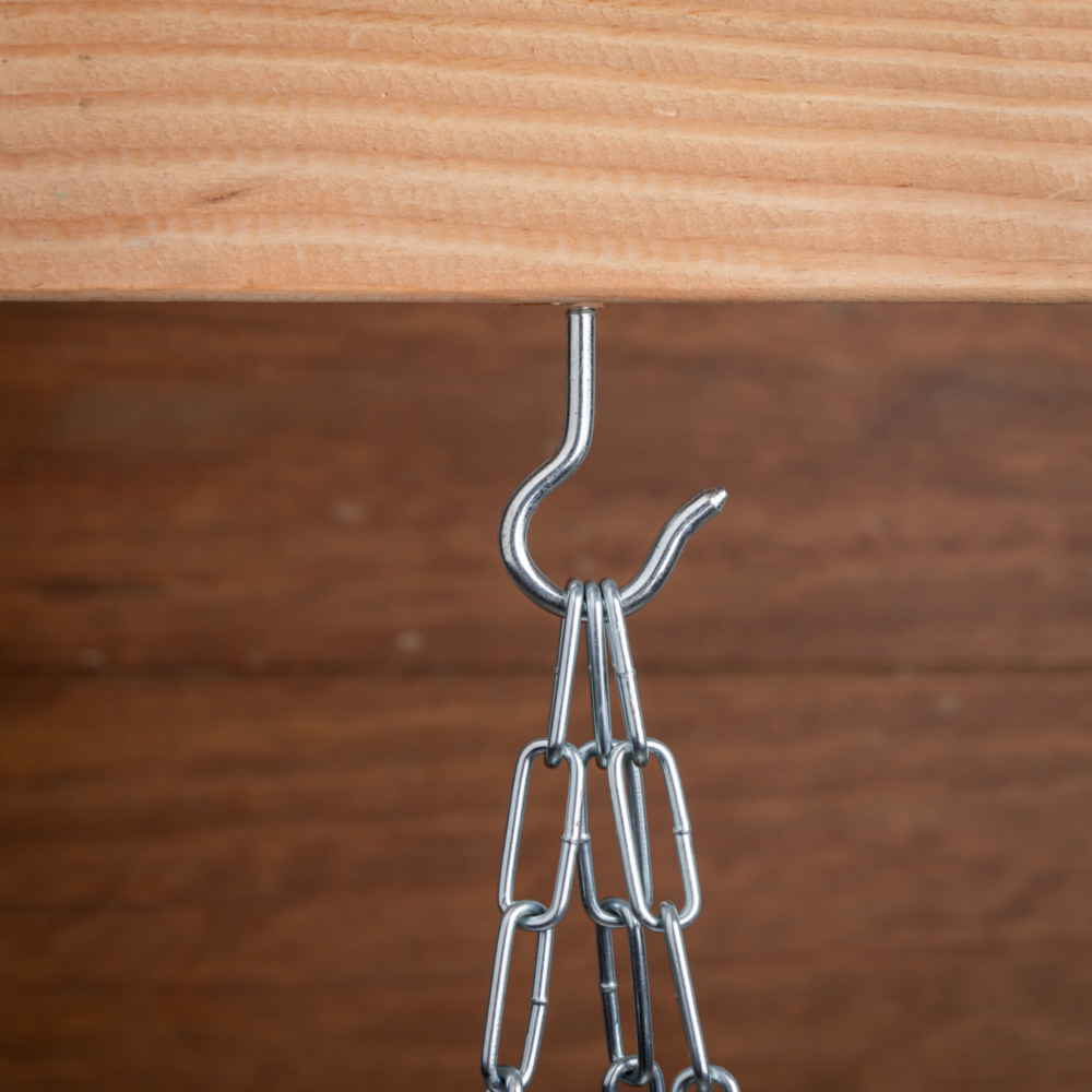 4-1/8 inch zinc-finish steel ceiling hook holding metal chain for home improvement and hardware projects