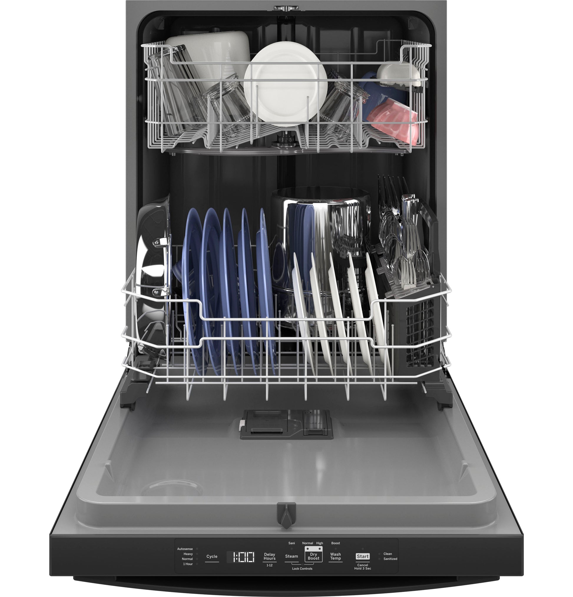 Open top control dishwasher with plastic interior loaded with dishes and cutlery in kitchen appliances collection