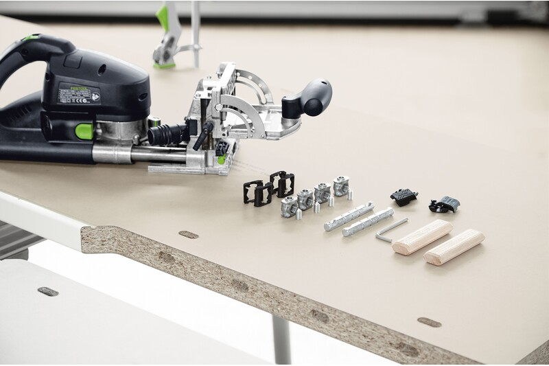 Festool woodworking tool accessories including connectors, bolts, half-shells, and wooden dowels for home improvement use