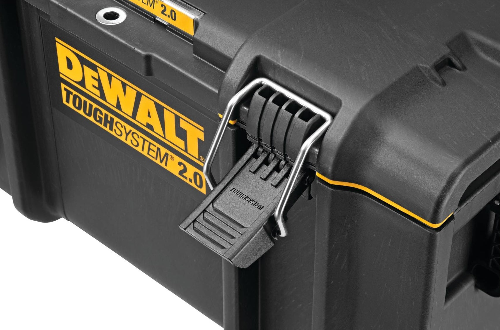 Black and yellow durable toolbox latch and hinge detail for secure storage in home improvement projects