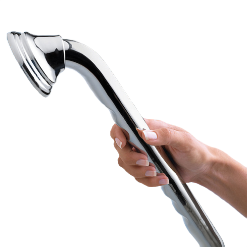 Hand gripping chrome bathroom support bar with ergonomic finger grooves for safety and accessibility in home improvement collections
