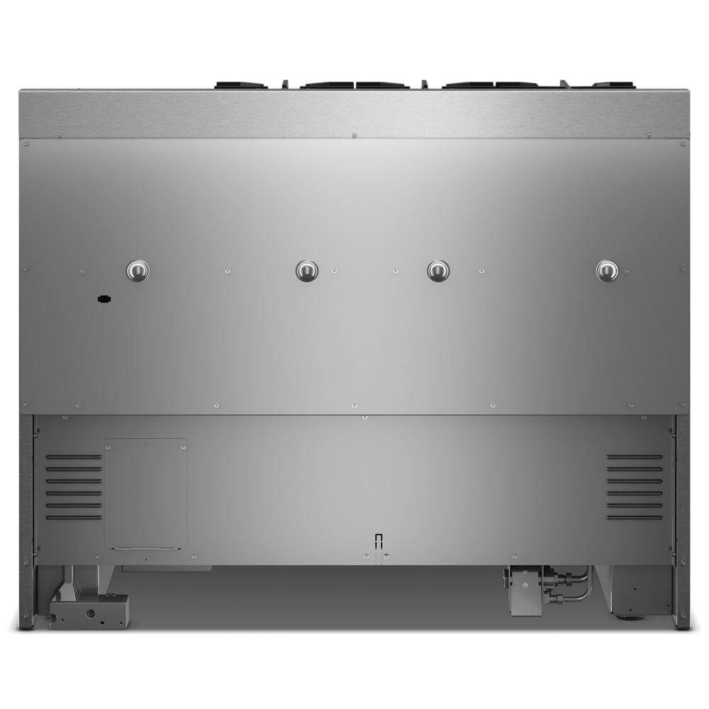 Back view of a stainless steel 48-inch commercial-style gas range with six burners in appliances collection