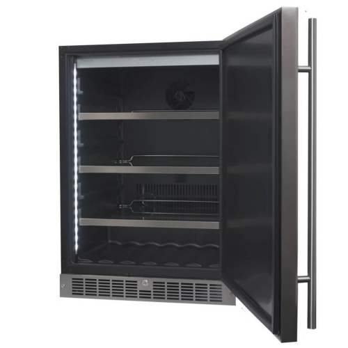 Open black stainless steel wine cellar with LED interior lighting, adjustable metal shelves, and ergonomic handle in Appliances collection