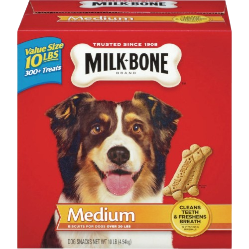 Red Milk-Bone box featuring a happy medium dog with crunchy bone-shaped treats for pet snacks collection