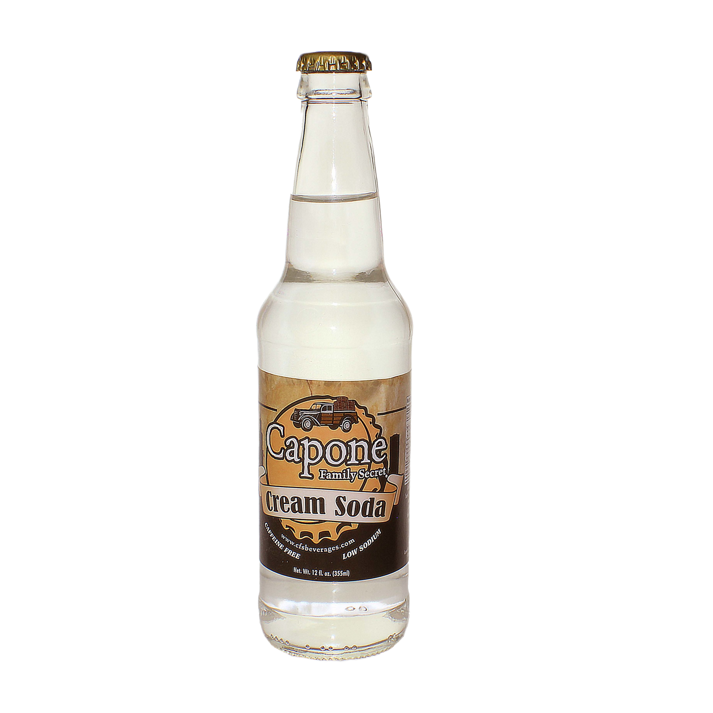 Clear glass bottle of Capone Cream Soda with brown and beige label for food and beverage collections under $50