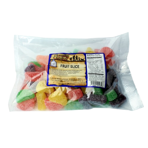 Clear packaging of Family Choice bright colorful sugar-coated jelly fruit slices candy in 33 oz size for sweet snacks and candy collections