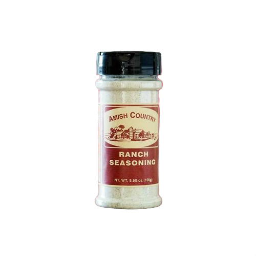 Clear plastic bottle of Amish Country Ranch Seasoning with black lid for grilling sauces and herbs collections