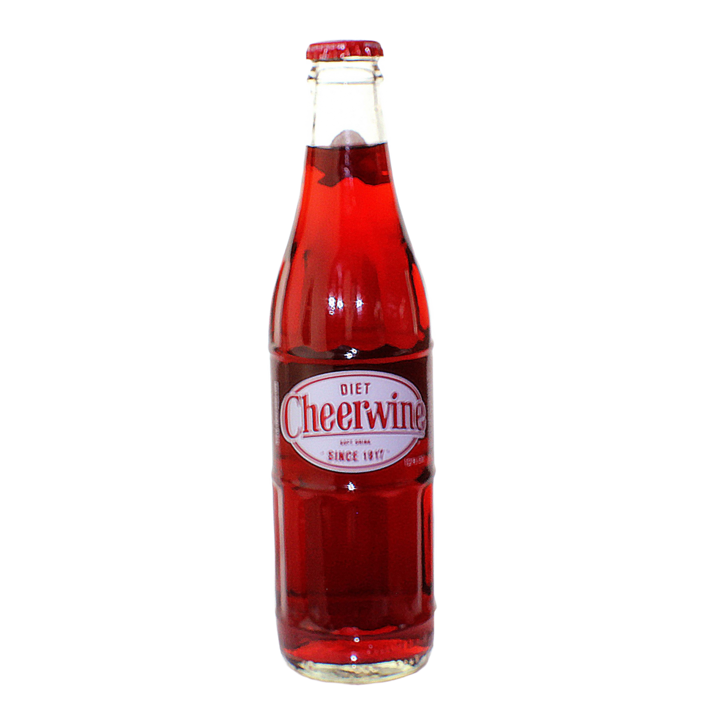 Glass longneck bottle filled with dark red diet cherry soda labeled Cheerwine Diet Cherry since 1917