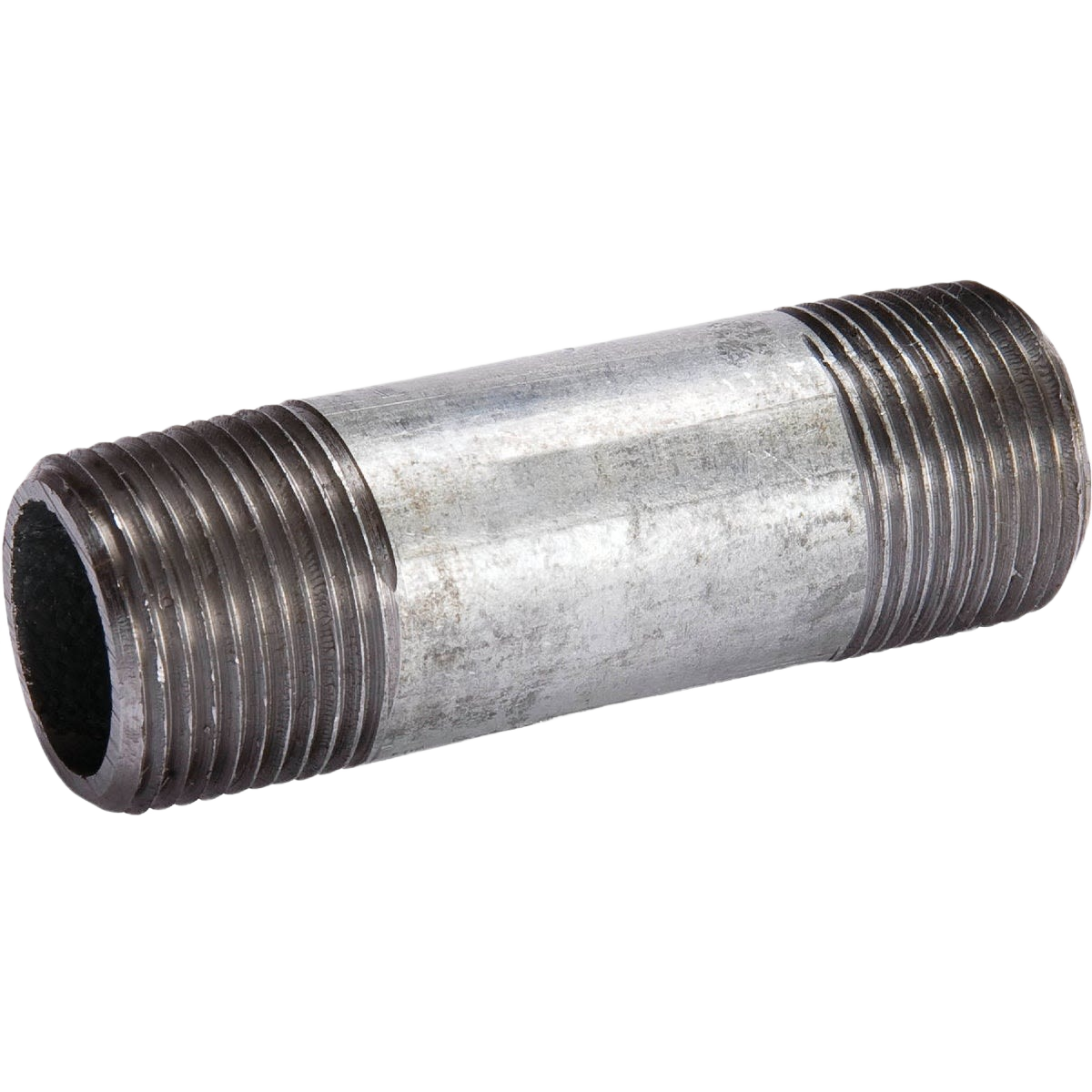Galvanized steel pipe nipple with threaded ends for plumbing and home improvement applications