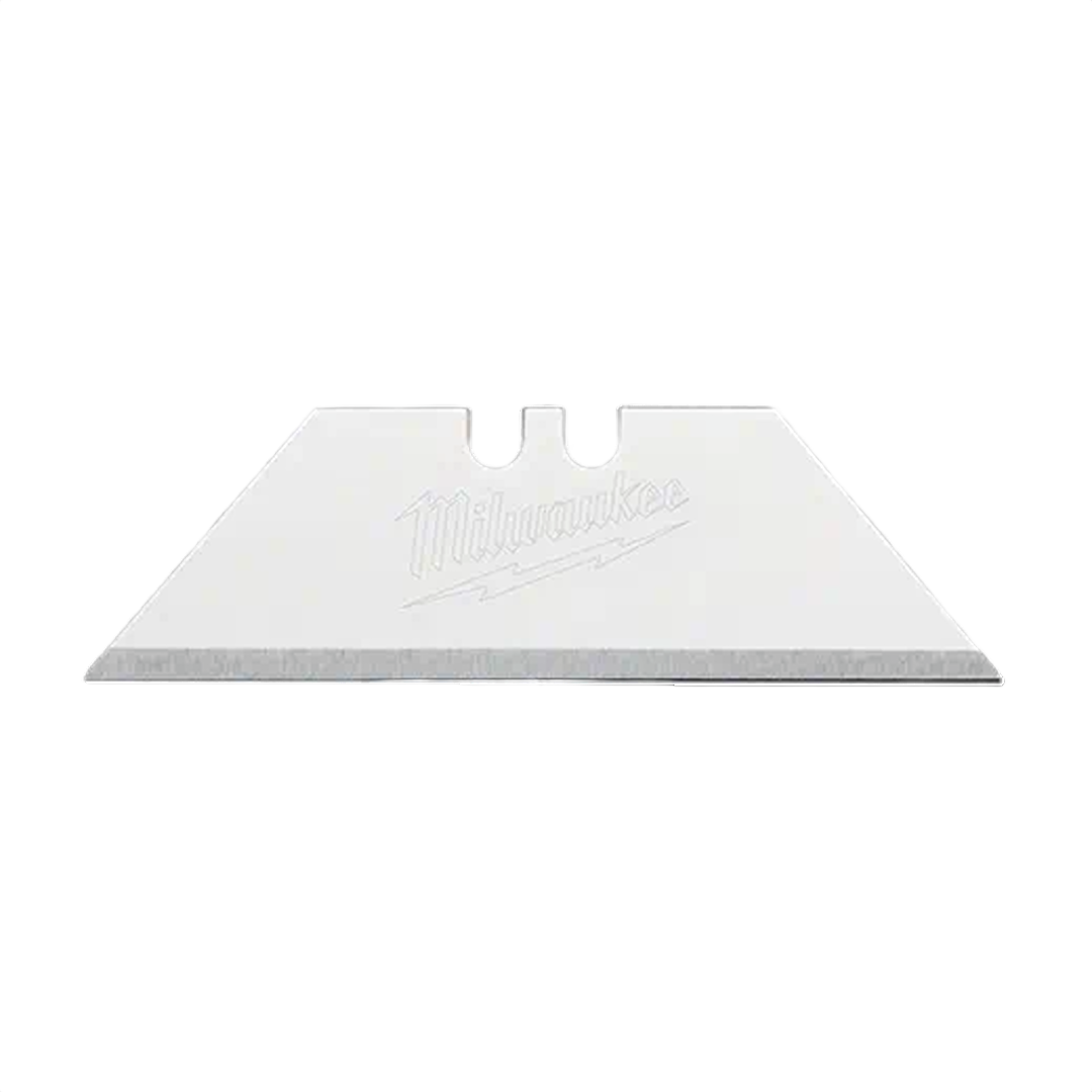 Double-edged stainless steel utility blade engraved with Milwaukee logo for precision cutting in tools and home improvement tasks