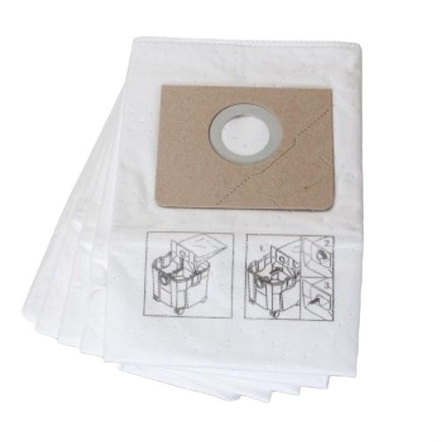 Stack of white tear-resistant filter bags with cardboard collar and printed installation instructions for vacuum use