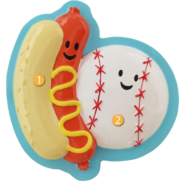 Smiling hot dog with mustard and friendly baseball ornament for Christmas Ornaments & Tree Decorations under $50 collection