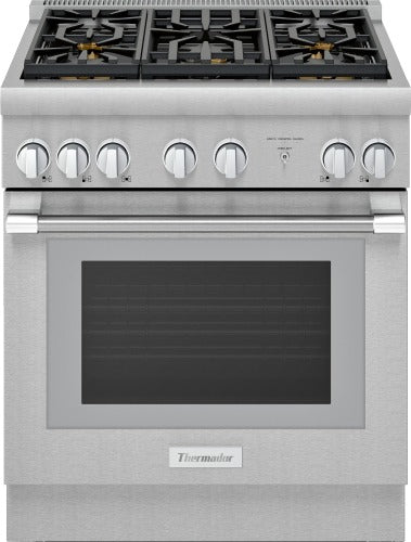 Stainless steel professional dual fuel range with six control knobs and cast iron grates from Thermador at Hartville Hardware