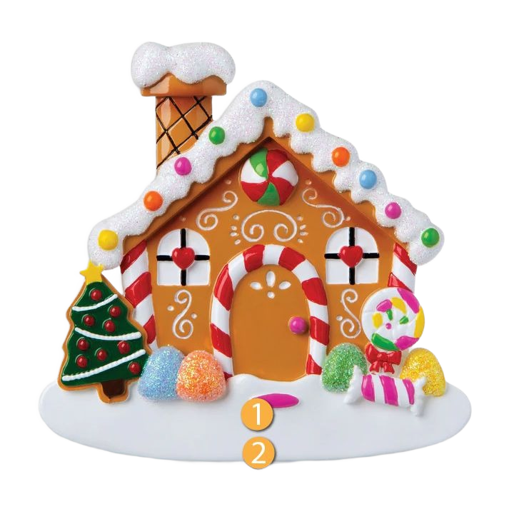 Colorful gingerbread house ornament with candy details and Christmas tree in festive holiday decorations collection